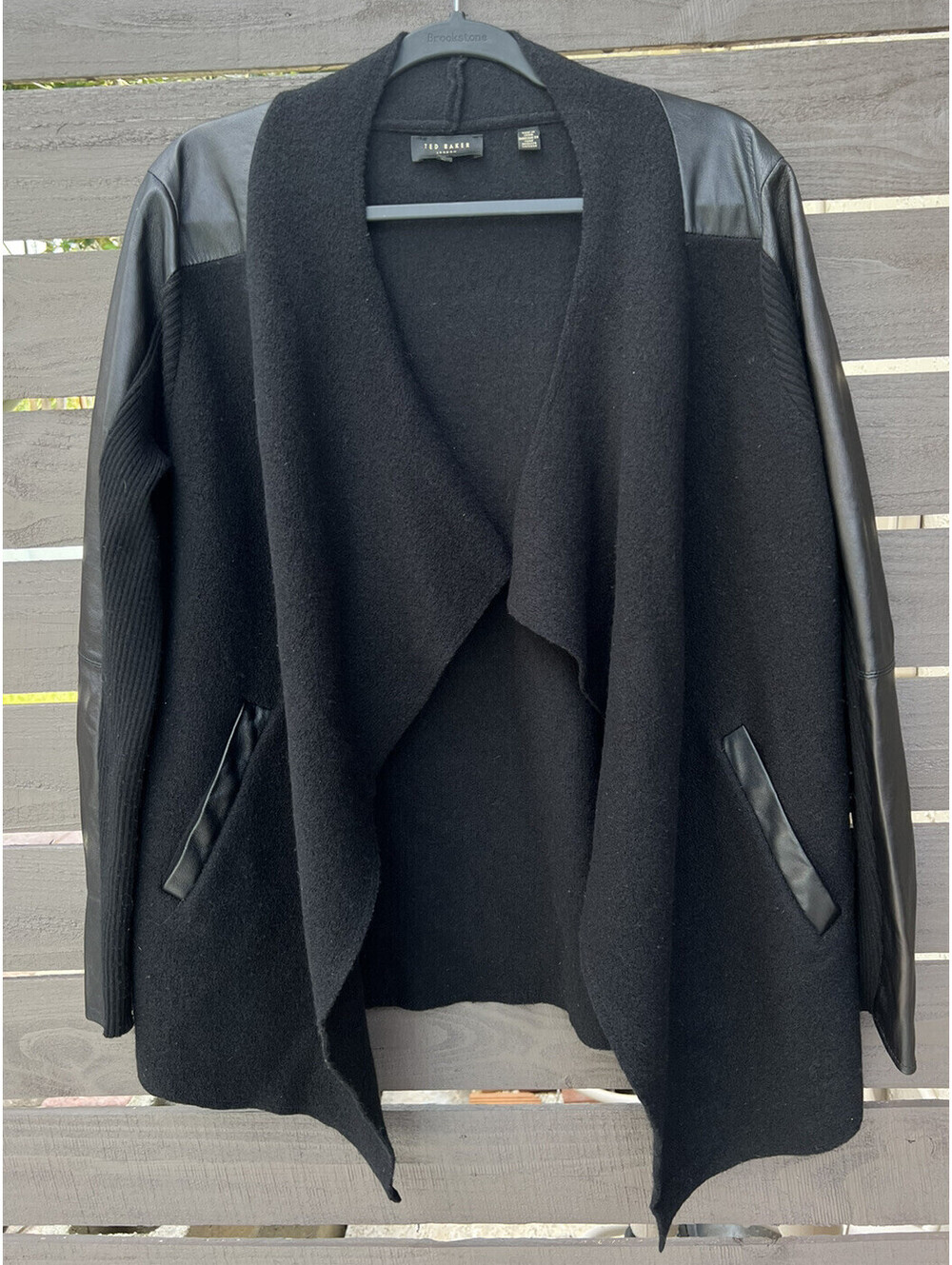TED BAKER Black Leather Trim 100% Wool Wrap Gaeton Jacket Women's S.